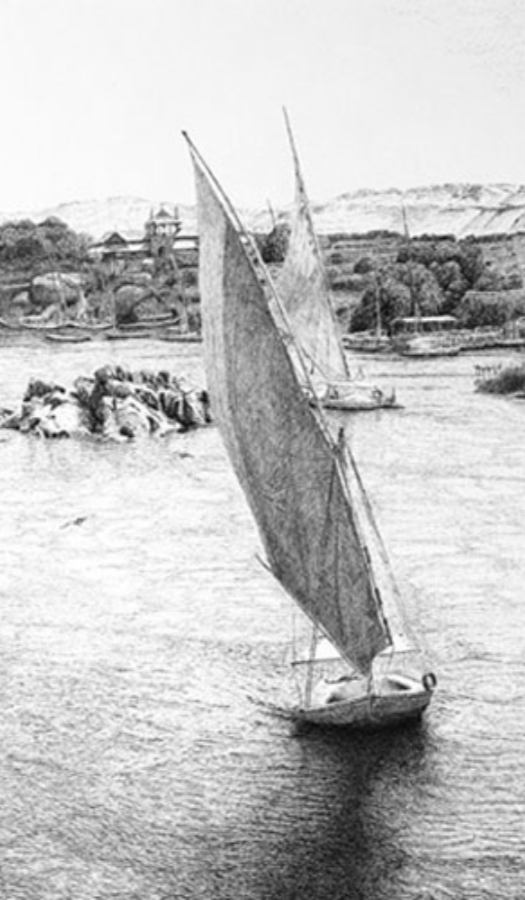 Opera Sul Nilo realizzata nel 2009 con la tecnica della penna a china su carta al formato 50x70cm e rappresenta una barca a vela sul Nilo